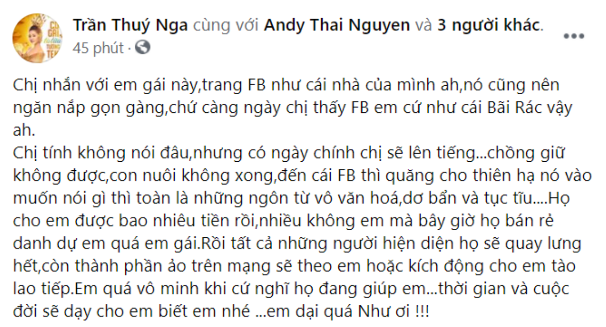 Thúy Nga nhắn nhủ đến vợ cũ Hoàng Anh: Facebook em cứ như cái bãi rác Ảnh 2