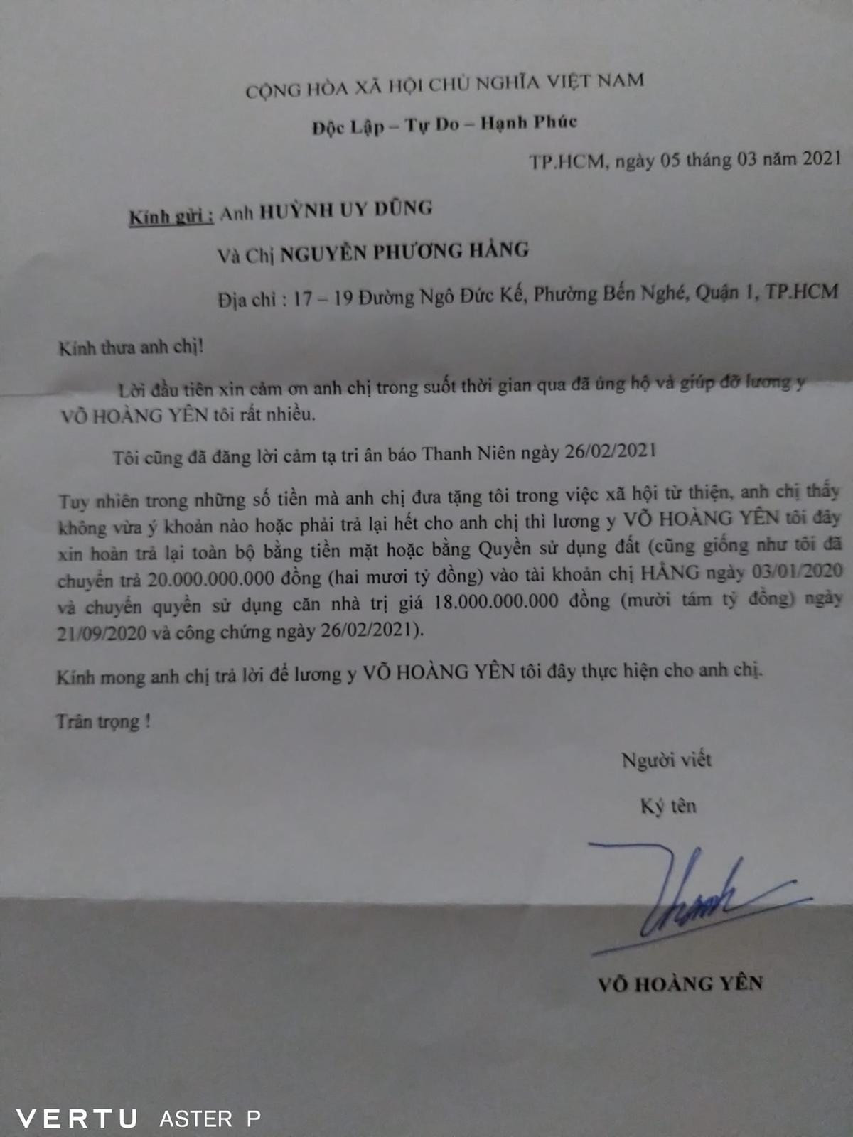 Ông Võ Hoàng Yên viết thư xin trả lại tiền và tài sản, vợ chồng Dũng 'lò vôi' quả quyết không thỏa hiệp Ảnh 1