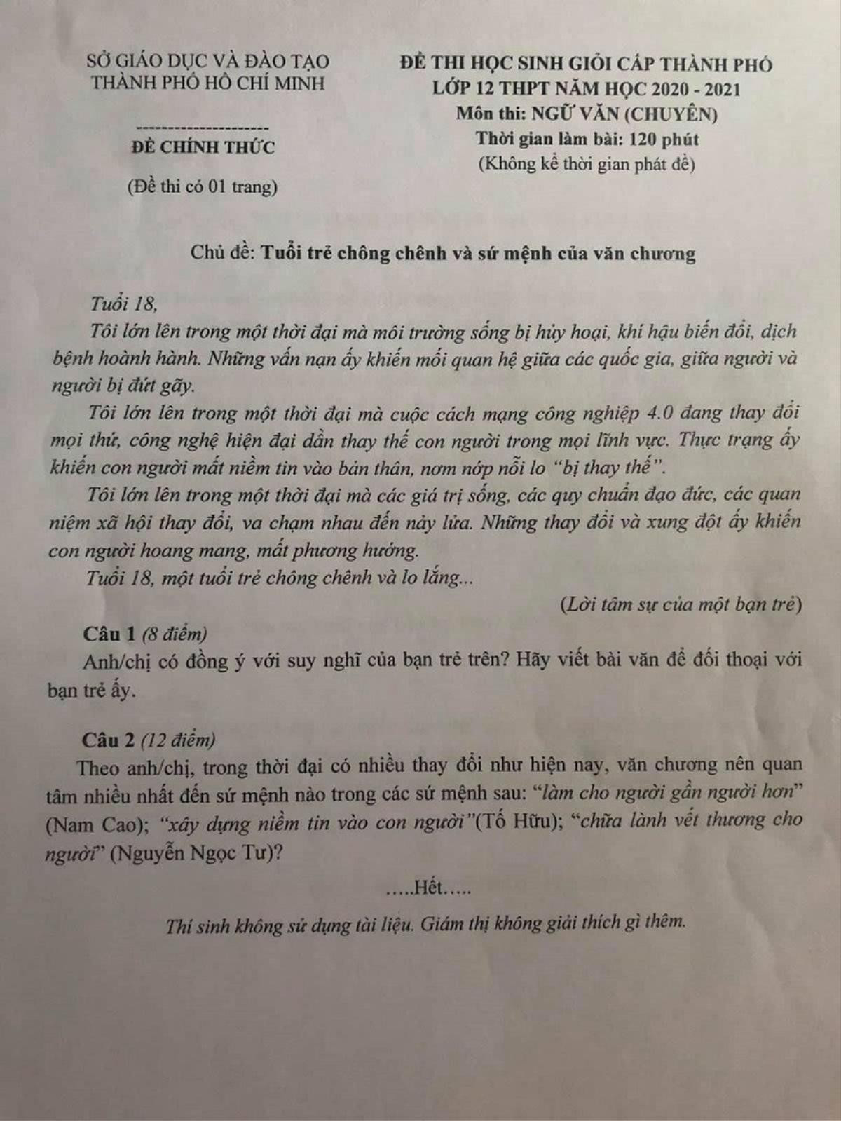 Đề thi học sinh giỏi Ngữ văn của TP.HCM: 'Tuổi 18, một tuổi trẻ chông chênh và lo lắng...' Ảnh 1