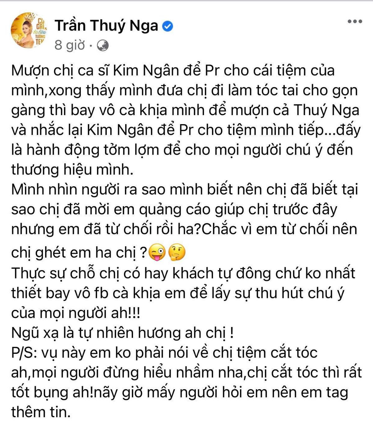 Thúy Nga bức xúc khi mình và ca sĩ Kim Ngân bị mượn tên tuổi để PR Ảnh 1