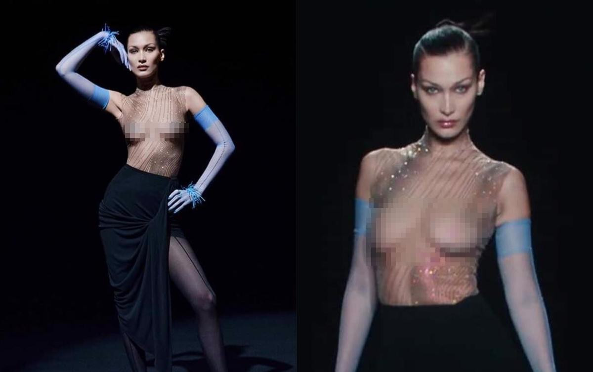 Siêu mẫu Bella Hadid để ngực trần trụi khi trình diễn cho show Mugler Ảnh 1