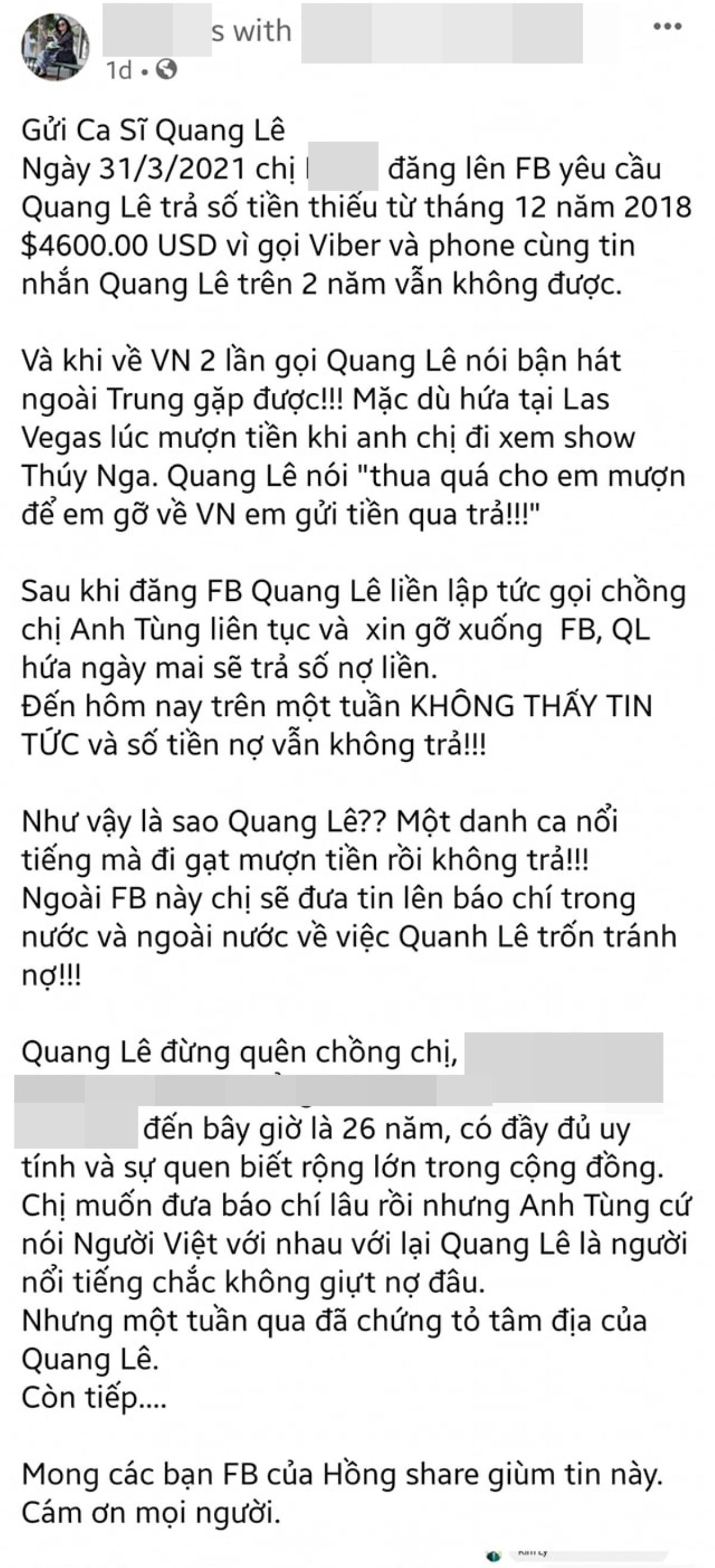 Xôn xao tin Quang Lê bị tố nợ 4600 USD suốt 2 năm không trả Ảnh 2