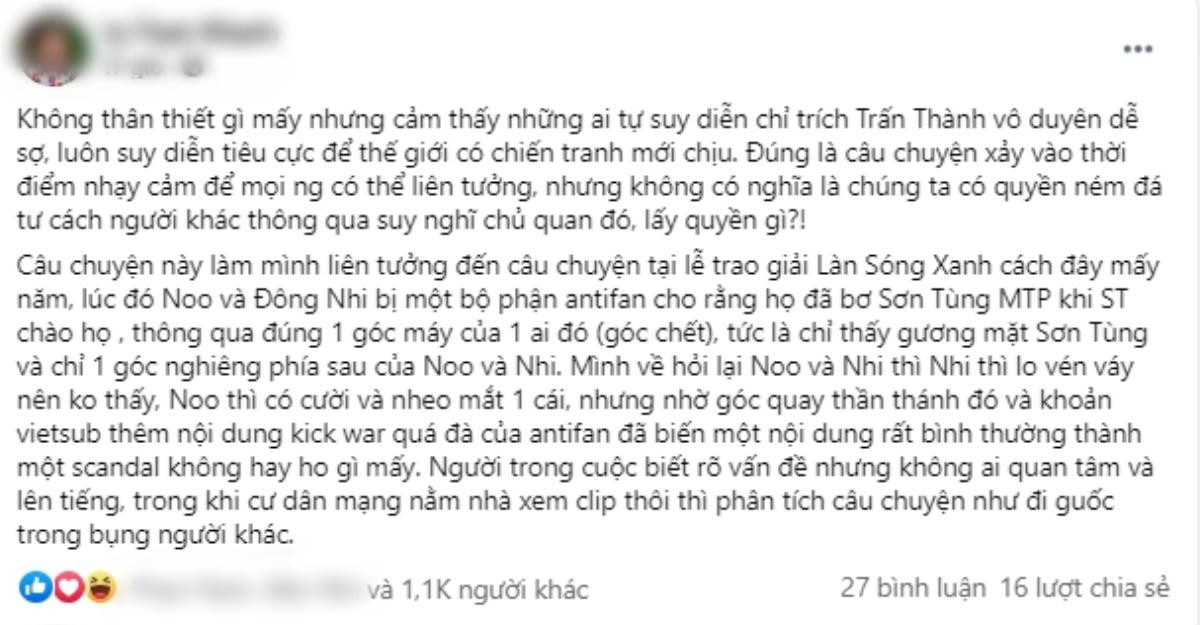 Trách dân mạng vô duyên vụ Lý Hải - Trấn Thành, quản lý Noo nhắc lại lùm xùm với Sơn Tùng ngày trước Ảnh 4