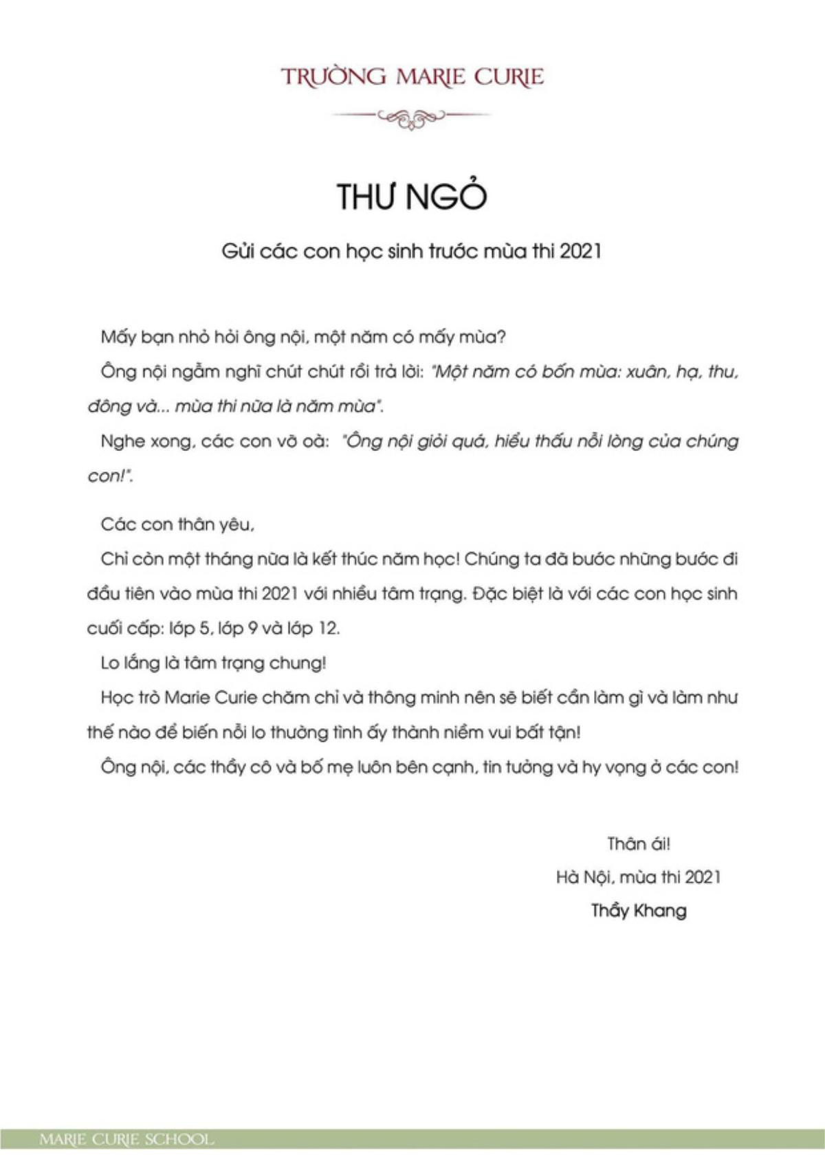 Xúc động với bức thư ngỏ của thầy Hiệu trưởng Marie Curie gửi các học trò khi mùa thi đang đến gần Ảnh 1