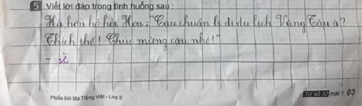 Đề bài yêu cầu viết câu hồi đáp, cậu bé trả lời 1 từ khiến dân mạng không thể nhịn cười Ảnh 1