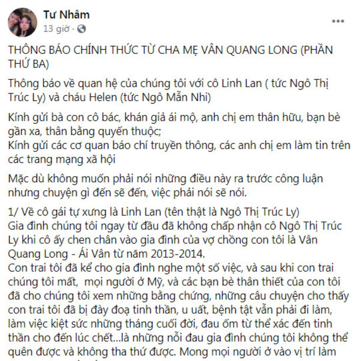 Hậu ồn ào, gia đình Vân Quang Long đanh thép tuyên bố sẽ giải quyết tại tòa án nếu thông tin sai sự thật Ảnh 1