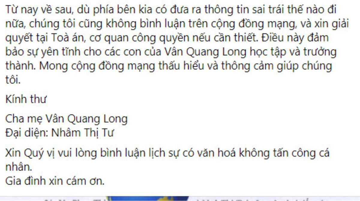 Hậu ồn ào, gia đình Vân Quang Long đanh thép tuyên bố sẽ giải quyết tại tòa án nếu thông tin sai sự thật Ảnh 4