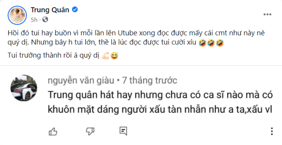 Trung Quân gây chú ý với phản ứng đặc biệt về bình luận chê bai ngoại hình Ảnh 5