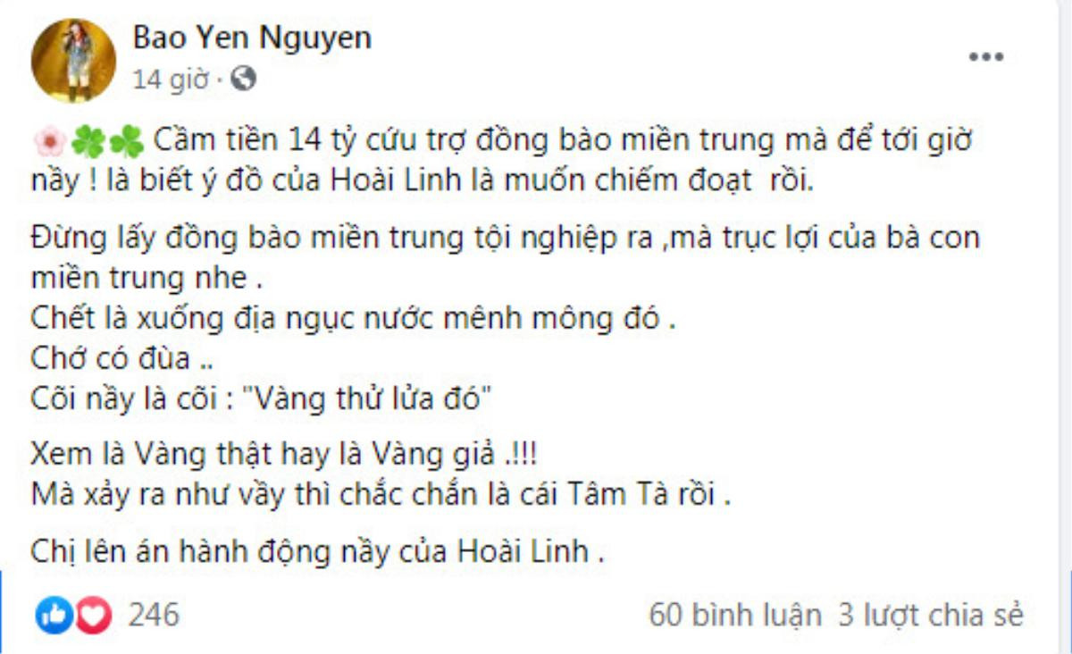 Danh ca Bảo Yến đăng đàn lên án nghệ sĩ Hoài Linh trên mạng xã hội Ảnh 3