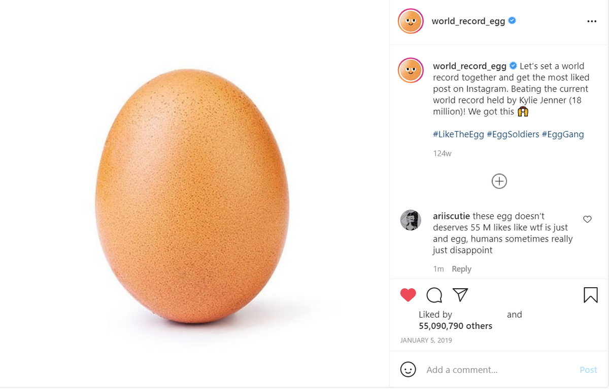 Chỉ một quả trứng, bức ảnh hiện đang có nhiều lượt thích nhất trên Instagram.