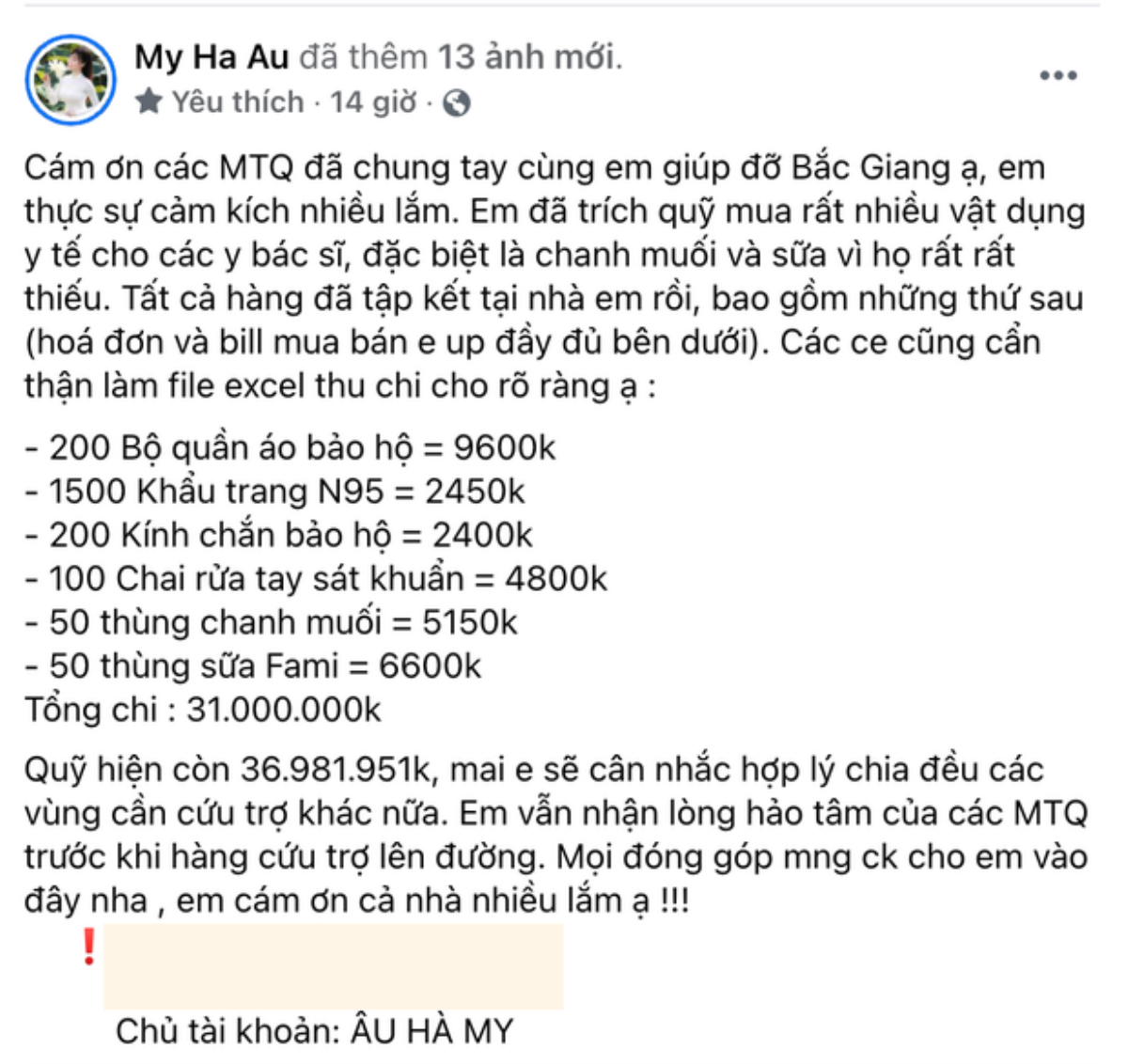 Âu Hà My đăng ảnh làm từ thiện, nhưng không quên công khai hóa đơn: 'Minh bạch dù chỉ 1 đồng' Ảnh 1