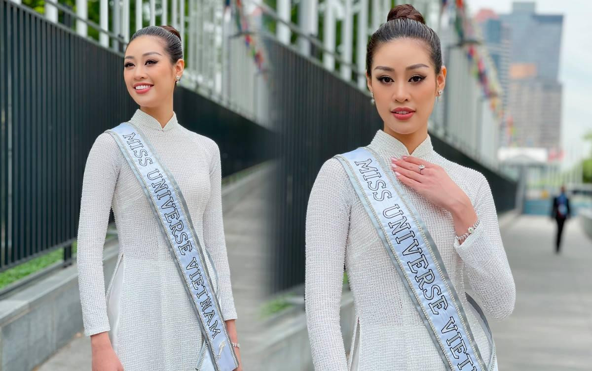 Top 21 Miss Universe - Khánh Vân thả dáng kiêu sa, tỏa sáng rực rỡ với áo dài truyền thống ở trời Tây Ảnh 1