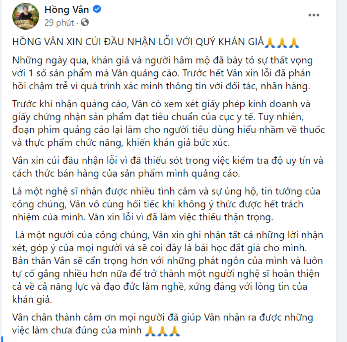 NSND Hồng Vân 'cúi đầu nhận lỗi' với khán giả sau bài đăng quảng cáo kém chất lượng Ảnh 2