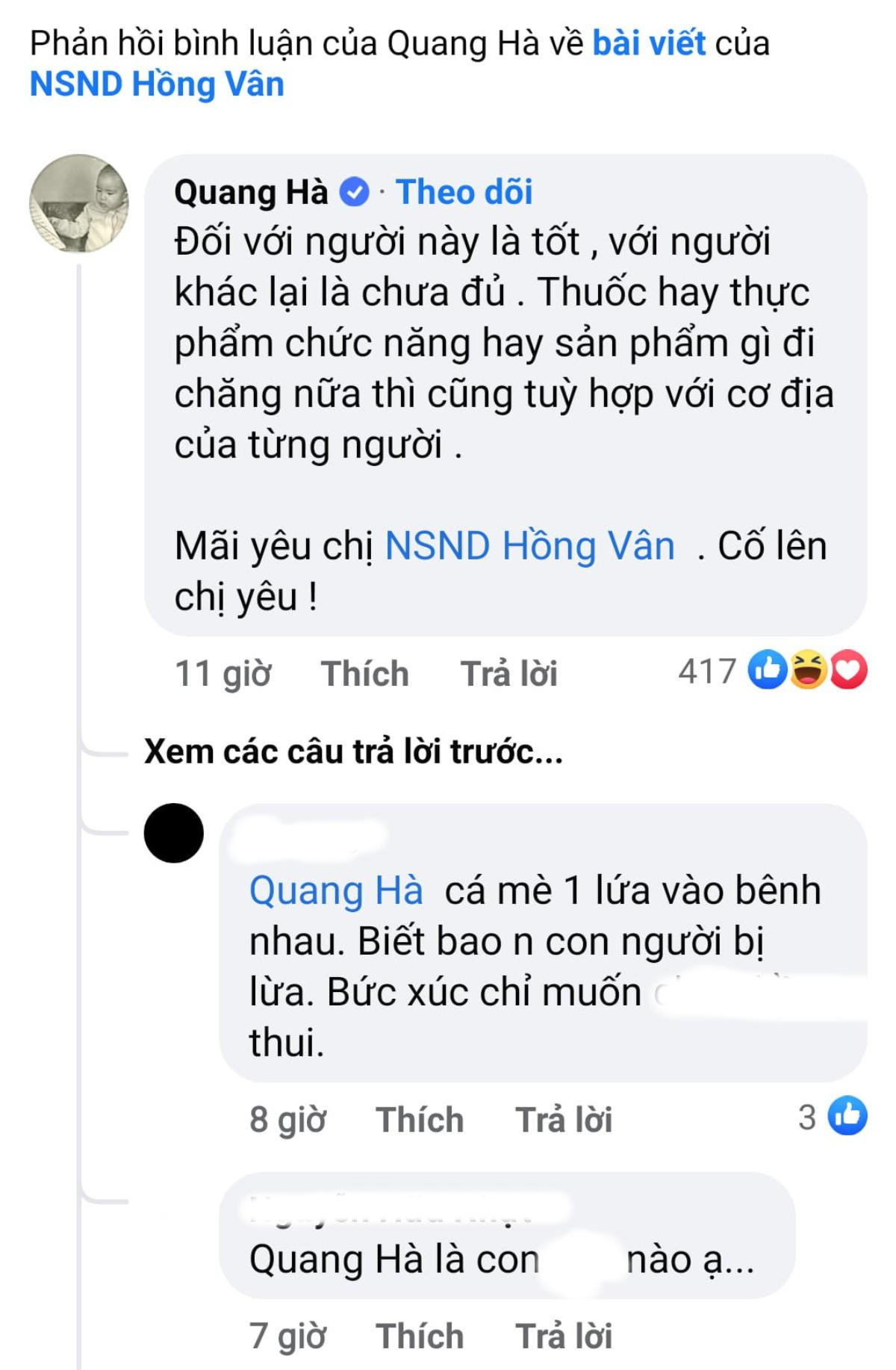 Ca sĩ Quang Hà hứng chịu làn sóng chỉ trích khi lên tiếng bênh vực NSND Hồng Vân Ảnh 2