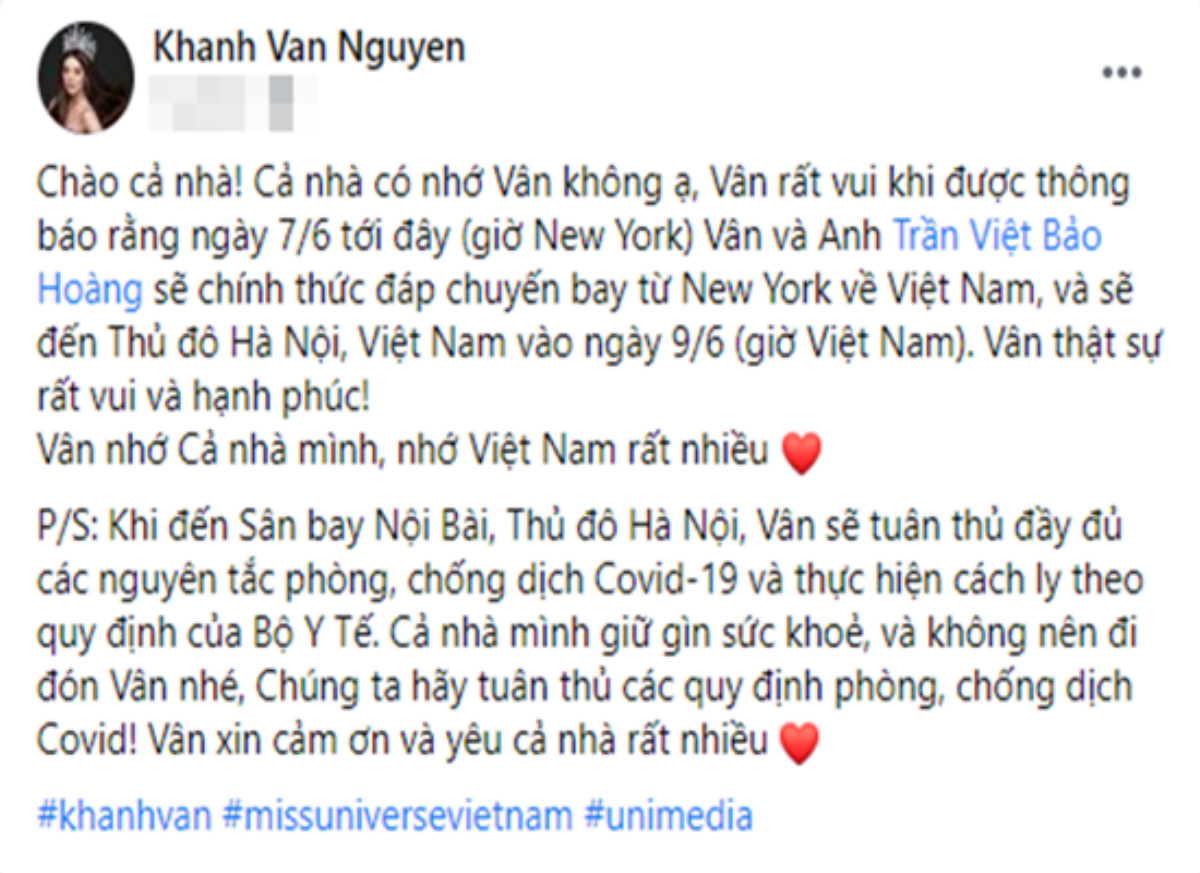 Hoa hậu Khánh Vân bật mí ngày trở về nước: 'Vân nhớ cả nhà mình - nhớ Việt Nam rất nhiều' Ảnh 3