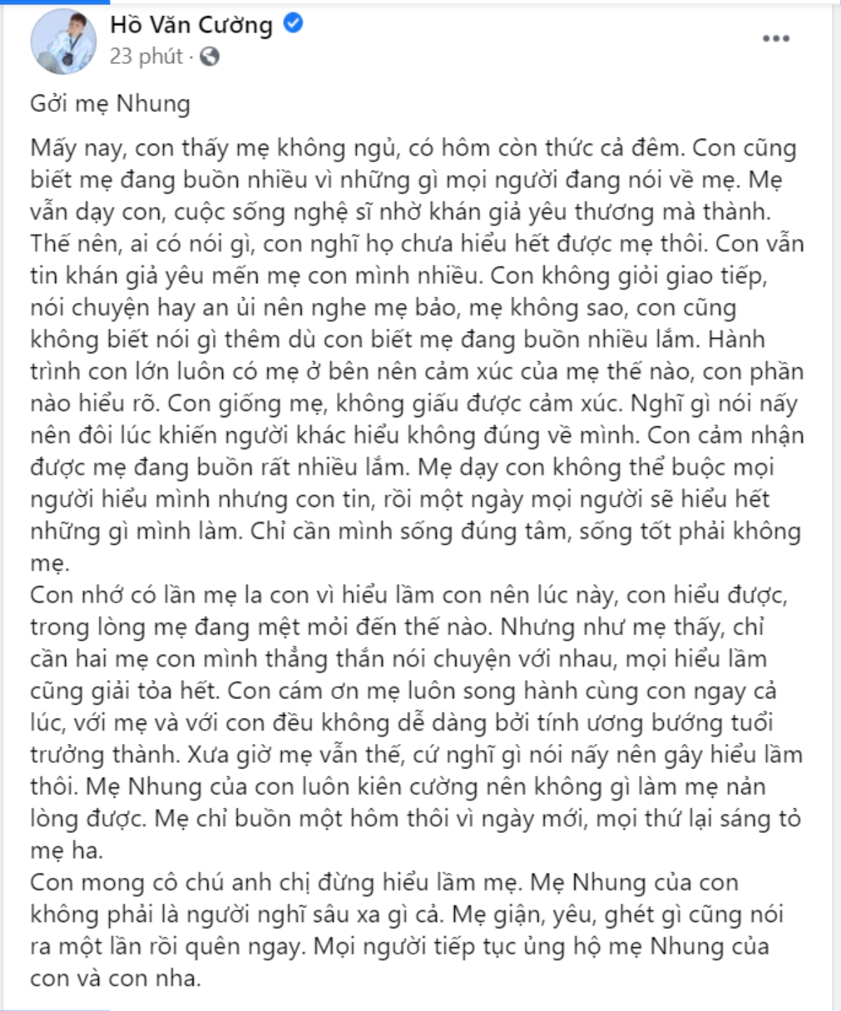 Hồ Văn Cường viết 'tâm thư' gửi mẹ nuôi Phi Nhung: 'Nghệ sĩ nhờ khán giả yêu thương mà thành' Ảnh 2