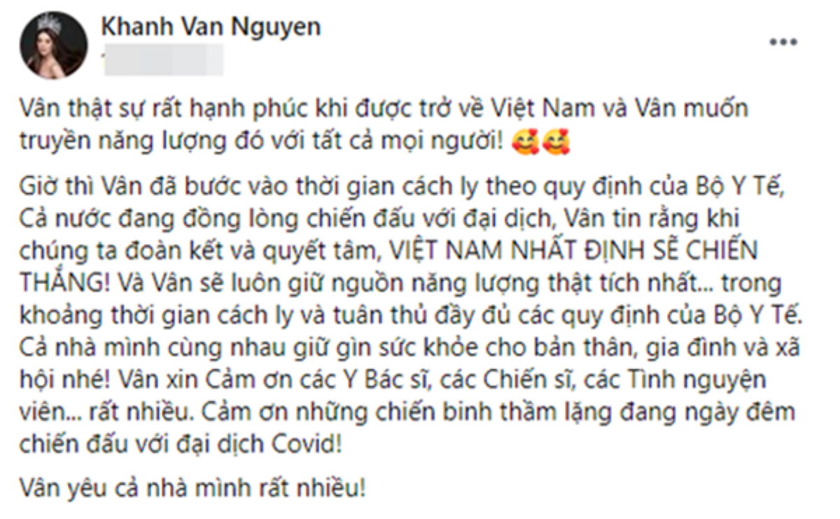 Ngày đầu tiên thực hiện cách ly, Khánh Vân xúc động bày tỏ: 'Việt Nam nhất định sẽ chiến thắng Covid-19' Ảnh 3