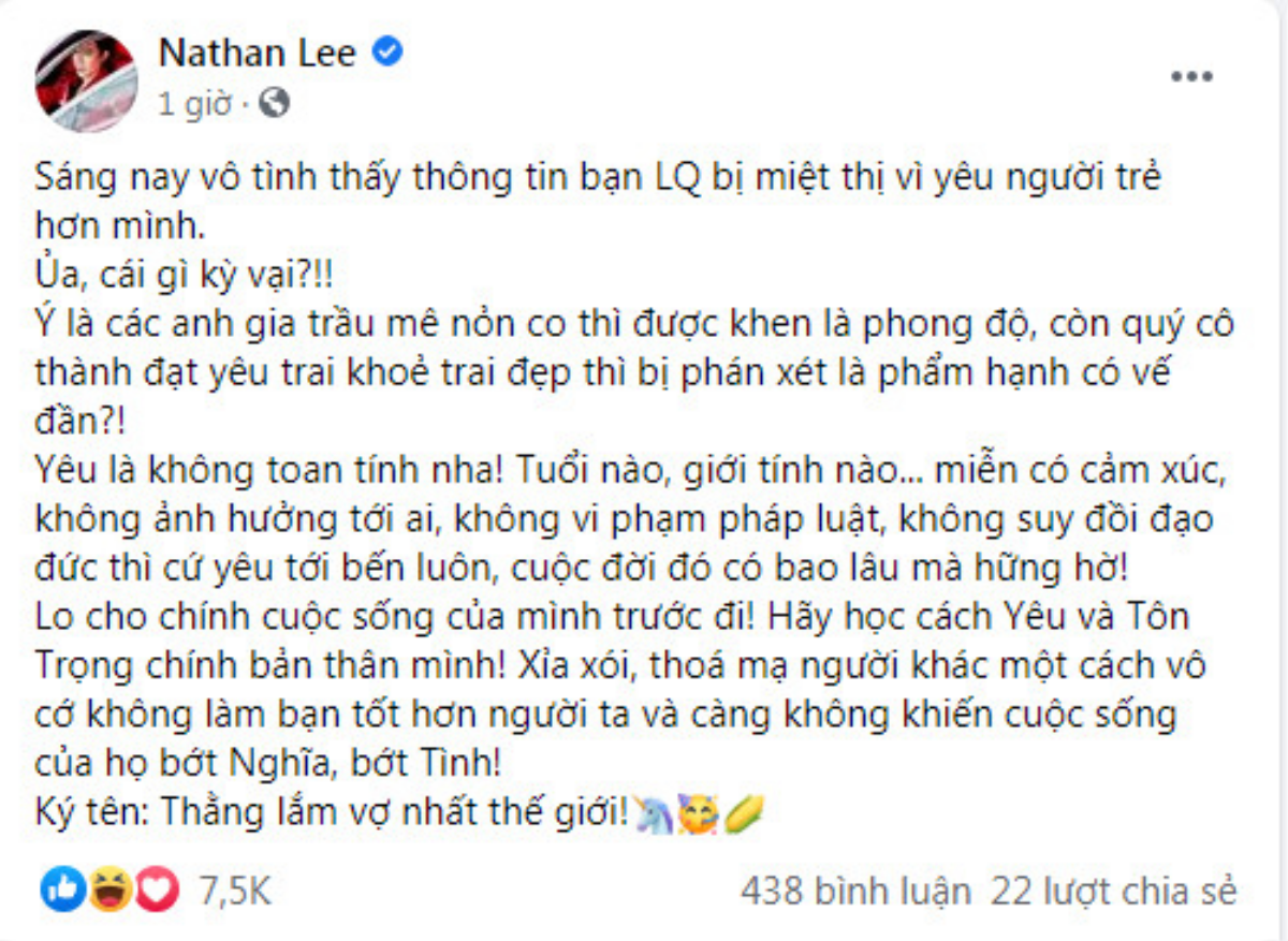 Lệ Quyên bị mỉa mai 'dại trai', Nathan Lee đăng tút ẩn ý: 'Quý cô thành đạt yêu trai trẻ khỏe thì sao?' Ảnh 1