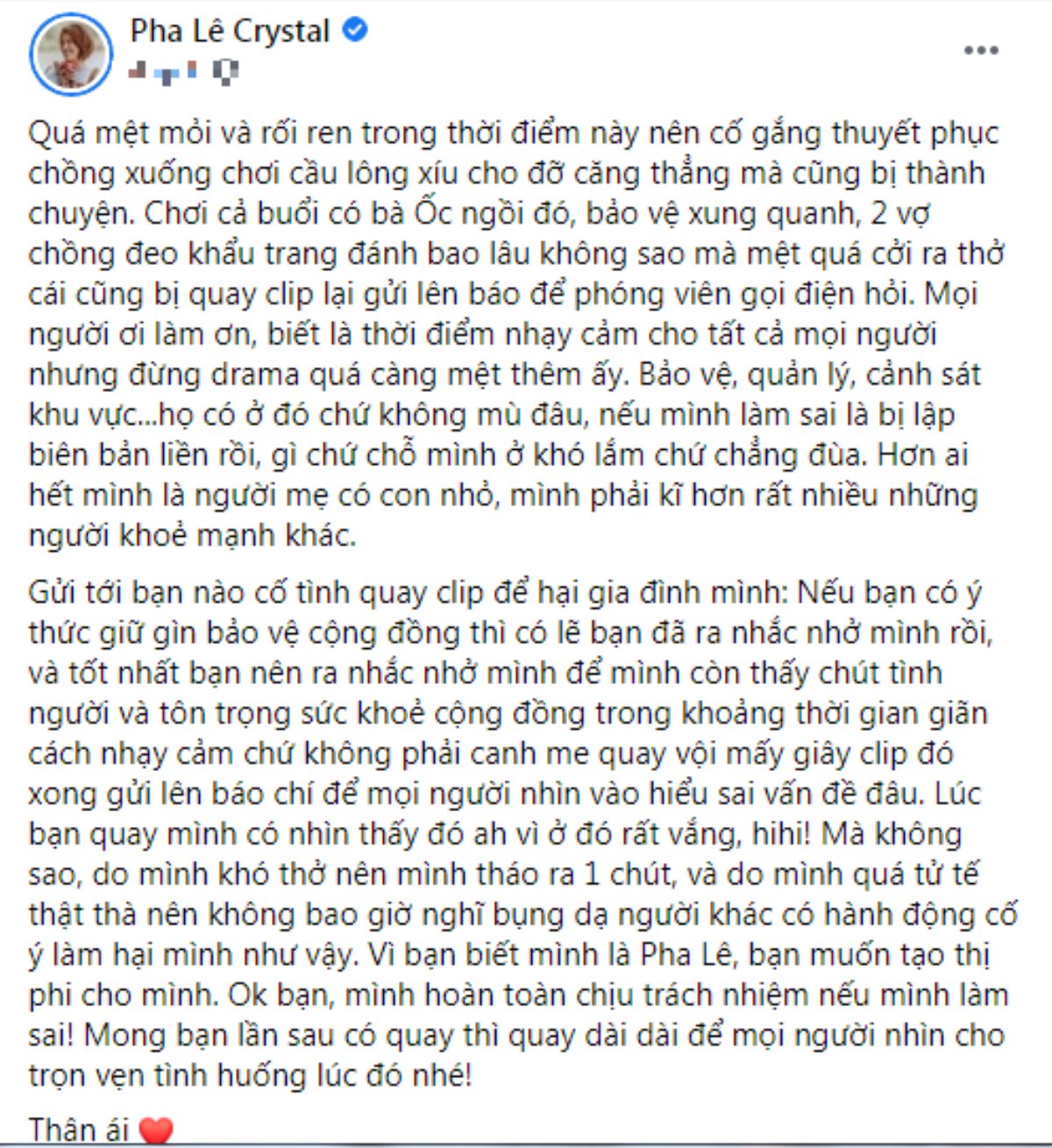 Pha Lê nói gì khi bị la ó đánh cầu lông cùng chồng nơi công cộng nhưng không đeo khẩu trang Ảnh 3