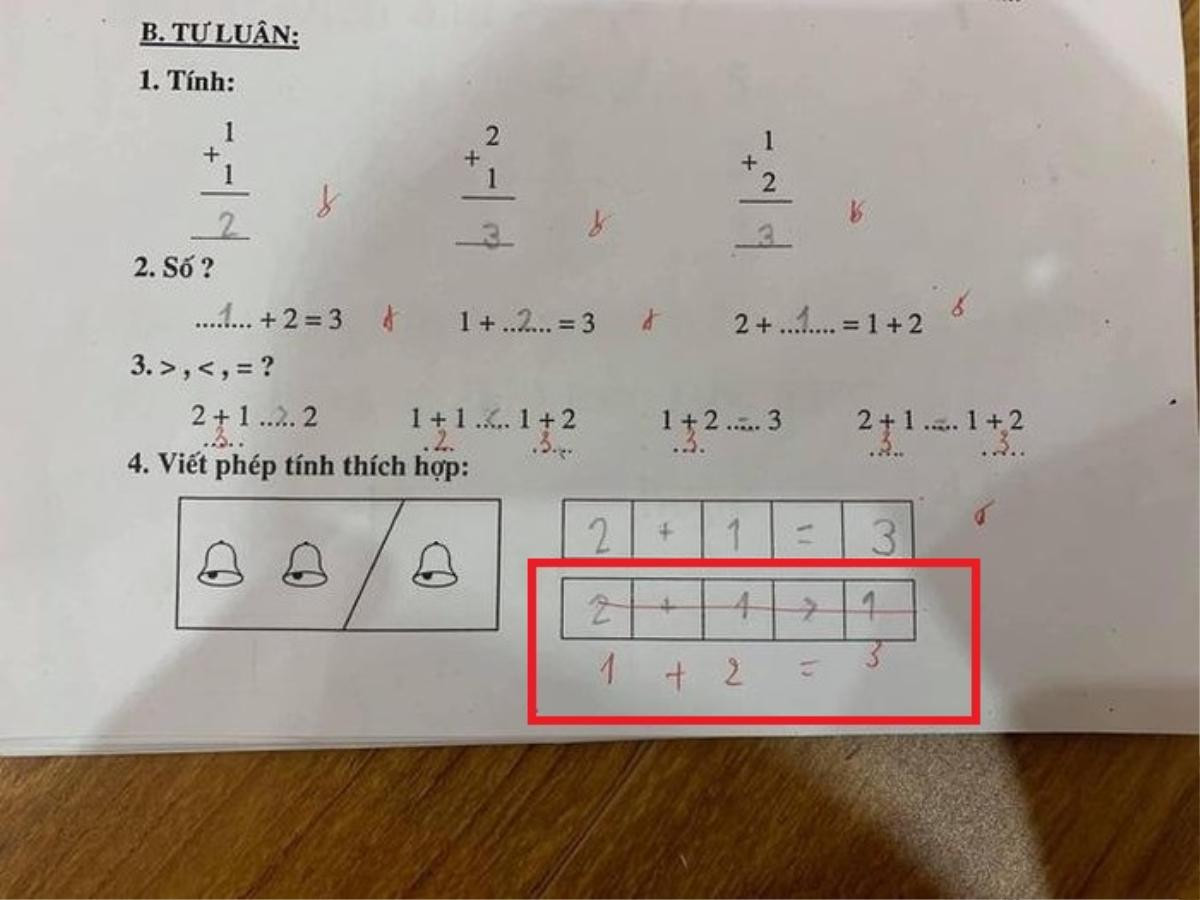 Bài toán tiểu học với phép tính ' 2 + 1 > 1' bị giáo viên chấm sai gây tranh cãi trái chiều Ảnh 1