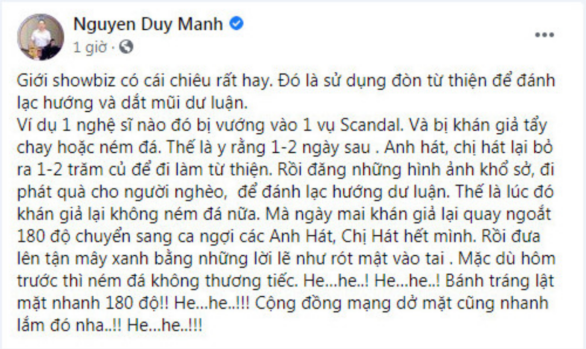 Duy Mạnh nửa đêm 'bốc phốt' giới showbiz: 'Làm từ thiện để đánh lạc hướng và dắt mũi dư luận' Ảnh 1