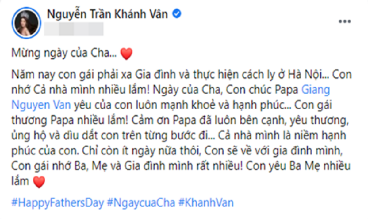 Hoa hậu Khánh Vân mừng ngày Father's Day: 'Cảm ơn cha đã luôn bên cạnh, yêu thương con, con nhớ cả nhà' Ảnh 1