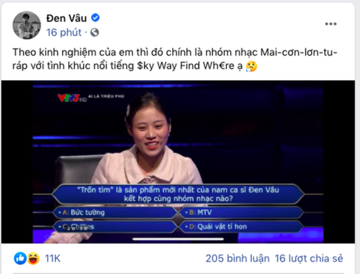 'Trốn tìm' xuất hiện trên 'Ai là triệu phú', Đen Vâu đưa ra lời giải khiến fan 'cũng chịu thua' Ảnh 3