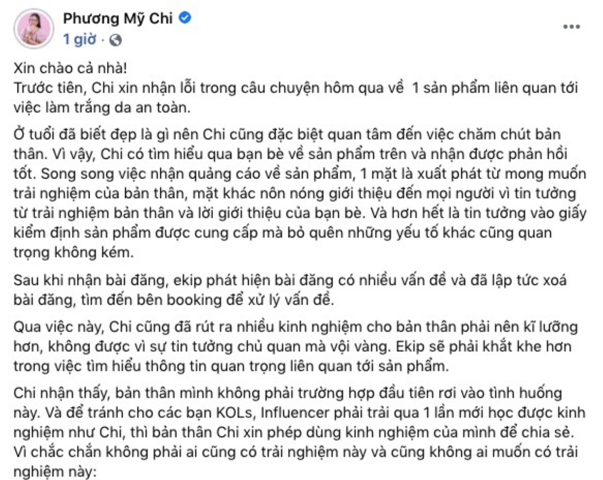 Phương Mỹ Chi lên tiếng xin lỗi vì PR quá lố sản phẩm làm trắng da chưa rõ nguồn gốc Ảnh 2