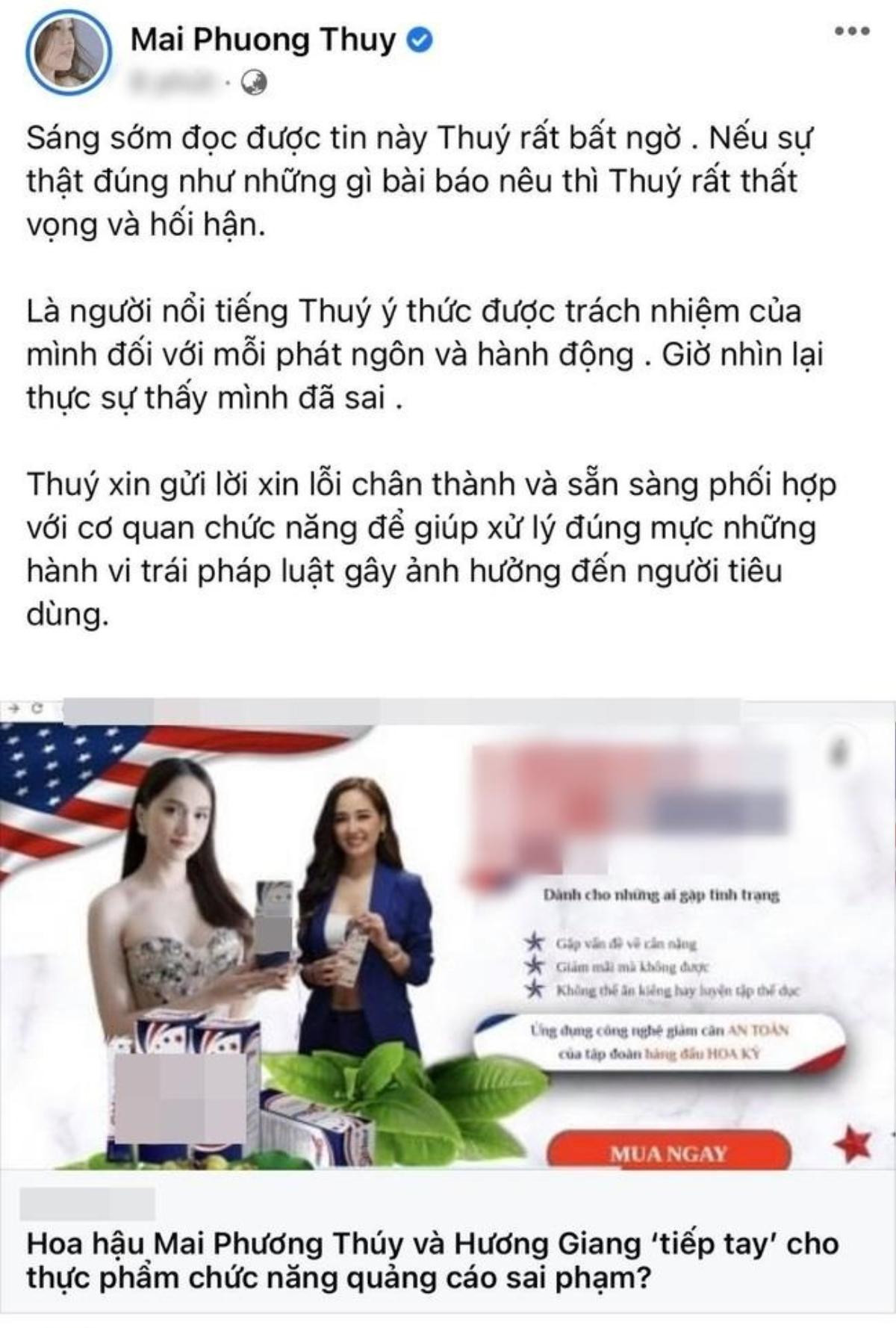 Quảng cáo thuốc giảm cân đểu, Mai Phương Thúy lên tiếng xin lỗi, Hương Giang mất tăm Ảnh 4