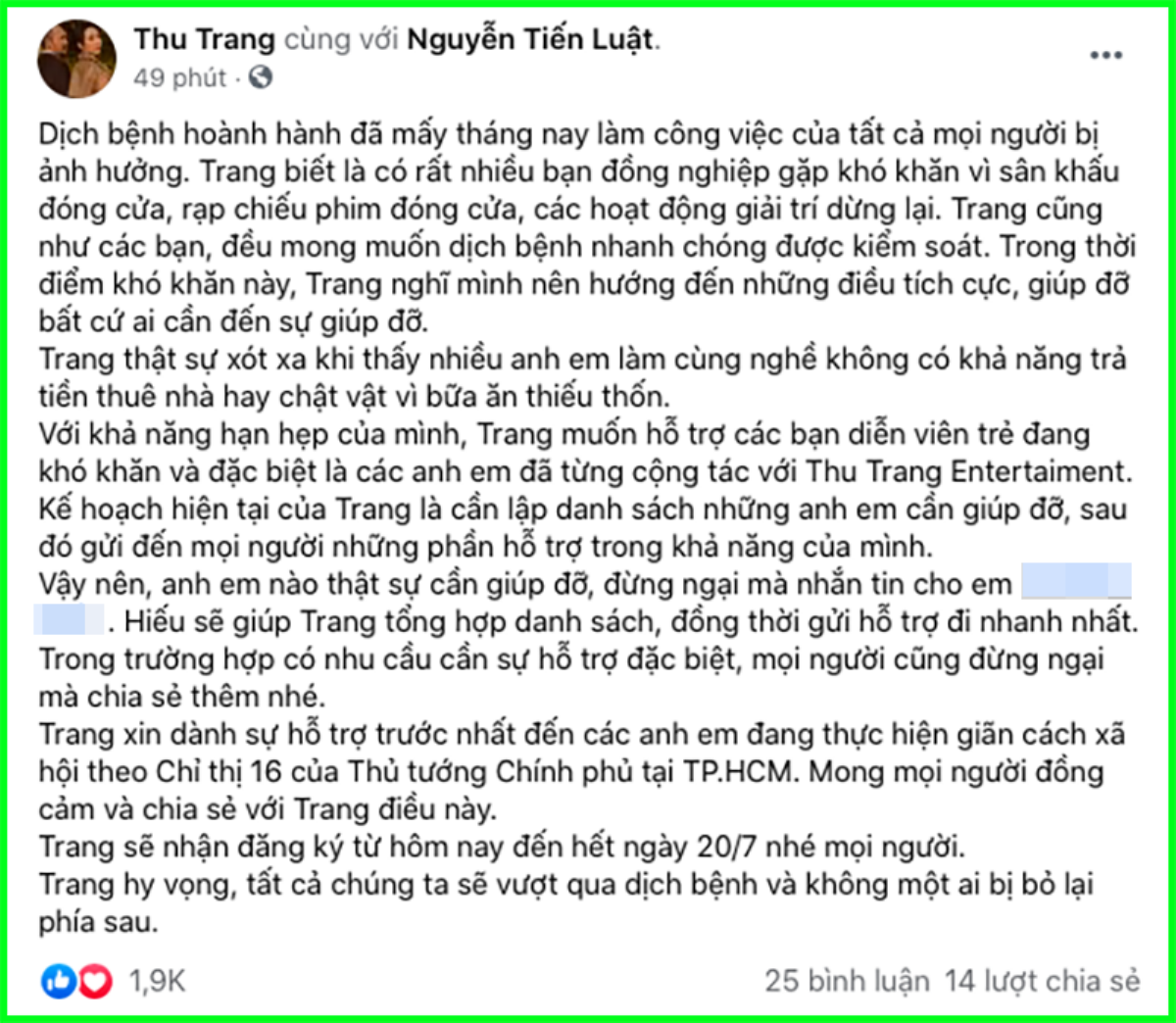 Xót xa hoàn cảnh khó khăn của đồng nghiệp mùa dịch, vợ chồng Thu Trang - Tiến Luật 'ra tay' giúp đỡ Ảnh 2