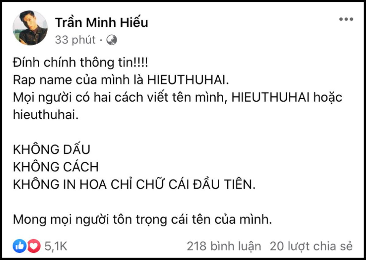 HIEUTHUHAI đính chính rap name, sẵn sàng block nếu ai cố tình viết sai tên Ảnh 2