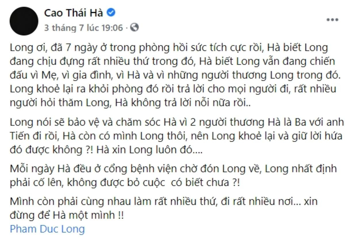 Bật khóc lời nhắn cuối của Cao Thái Hà gửi Đức Long trước khi qua đời: 'Xin đừng để Hà một mình' Ảnh 2