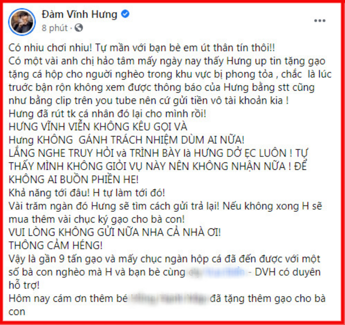 Đàm Vĩnh Hưng trải lòng về việc từ thiện: 'Vĩnh viễn không kêu gọi, không gánh trách nhiệm giùm ai' Ảnh 1