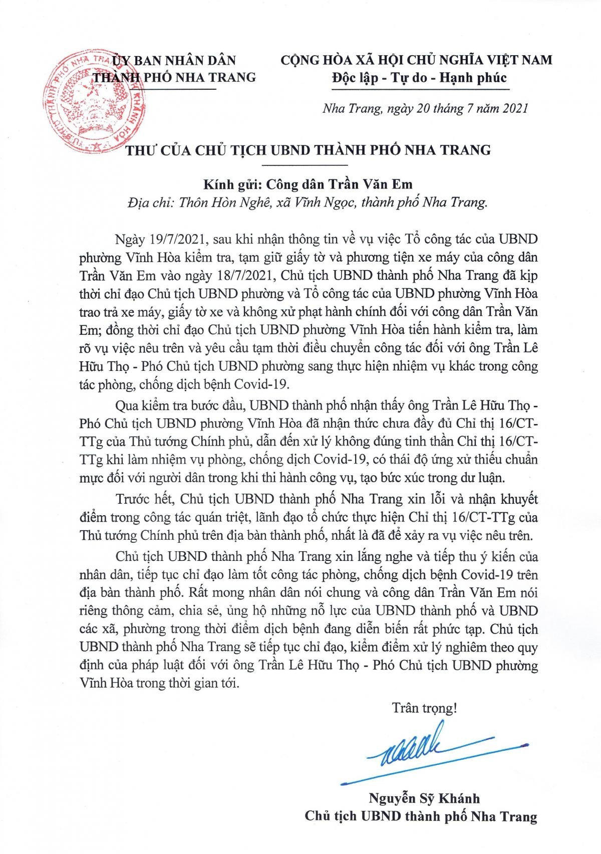 Chủ tịch TP Nha Trang gửi thư xin lỗi công dân vụ 'bánh mỳ không phải thực phẩm thiết yếu' Ảnh 1