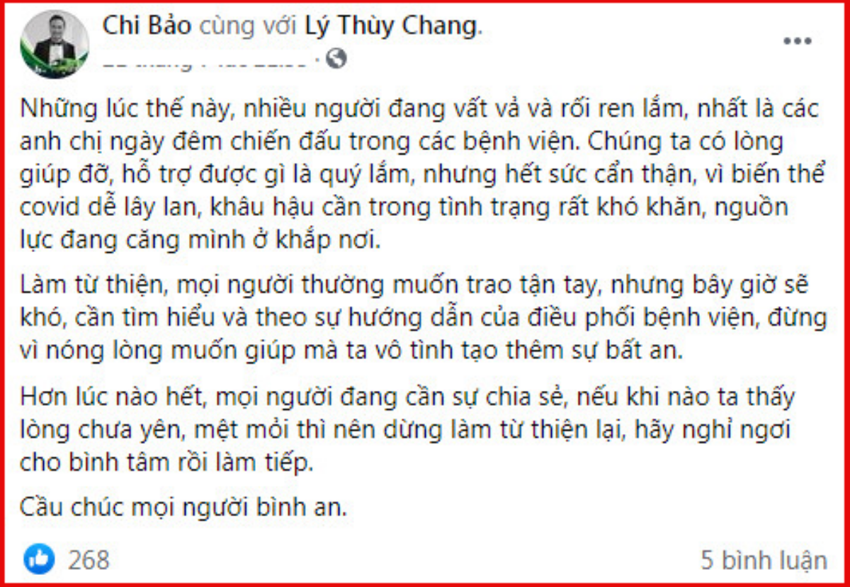 Chi Bảo trải lòng về việc từ thiện: 'Phải hết sức cẩn thận, đừng nóng lòng mà tạo thêm sự bất an' Ảnh 2