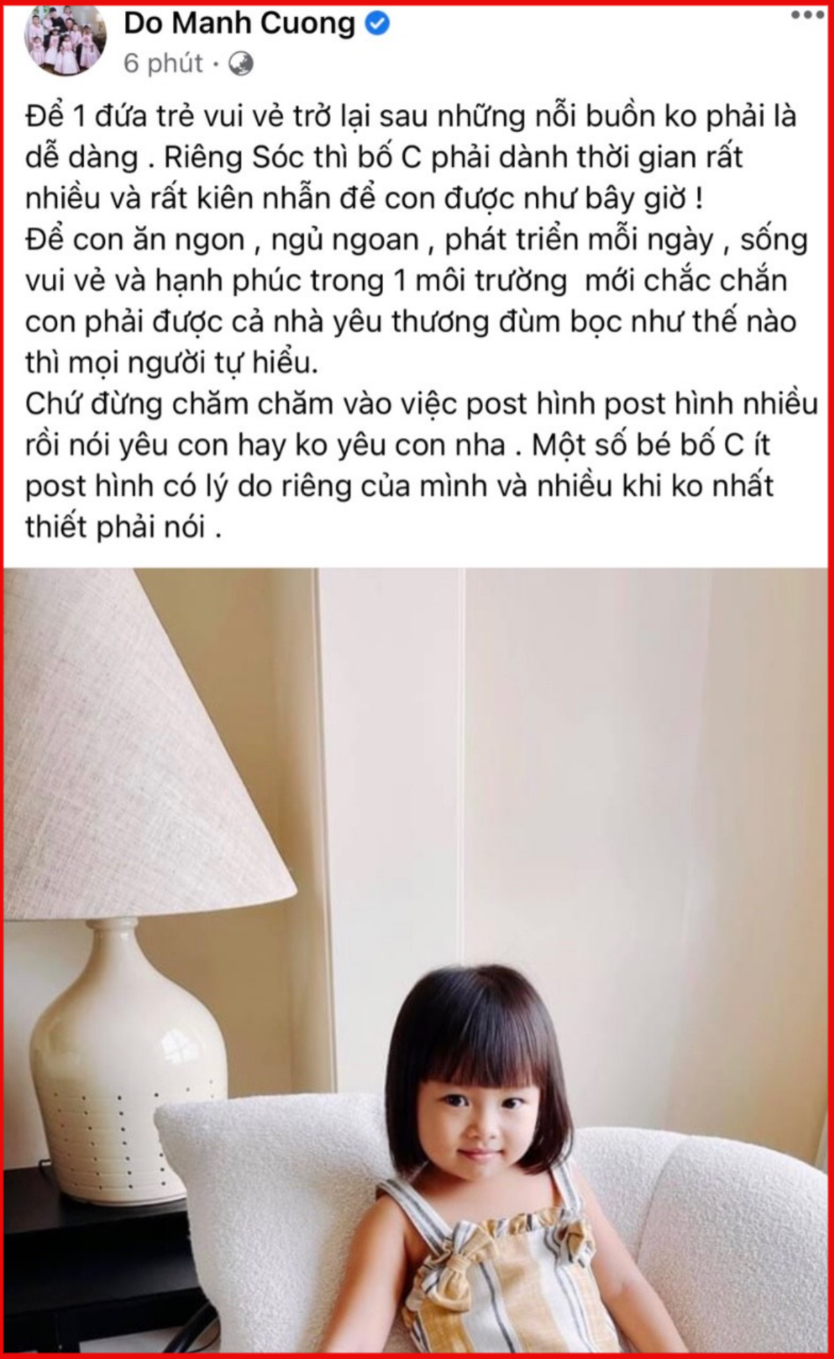 NTK Đỗ Mạnh Cường hé lộ bí quyết chăm sóc con: 'Đừng chăm chăm vào việc đăng hình nhiều rồi nói yêu con' Ảnh 1