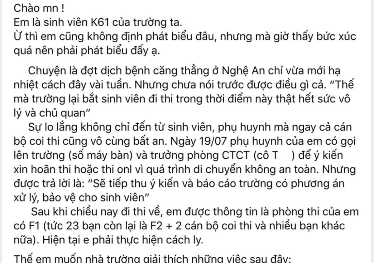 Xôn xao thông tin Đại học Vinh tổ chức thi cử, tập trung đông người giữa tình dịch Covid- 19 phức tạp Ảnh 1