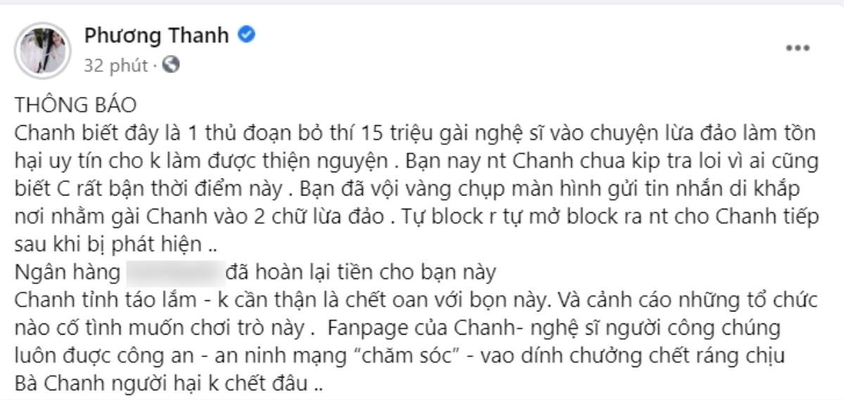 Phương Thanh bức xúc vì bị kẻ xấu gài bẫy tiền từ thiện, tố lừa đảo: 'Người hại không chết đâu' Ảnh 1