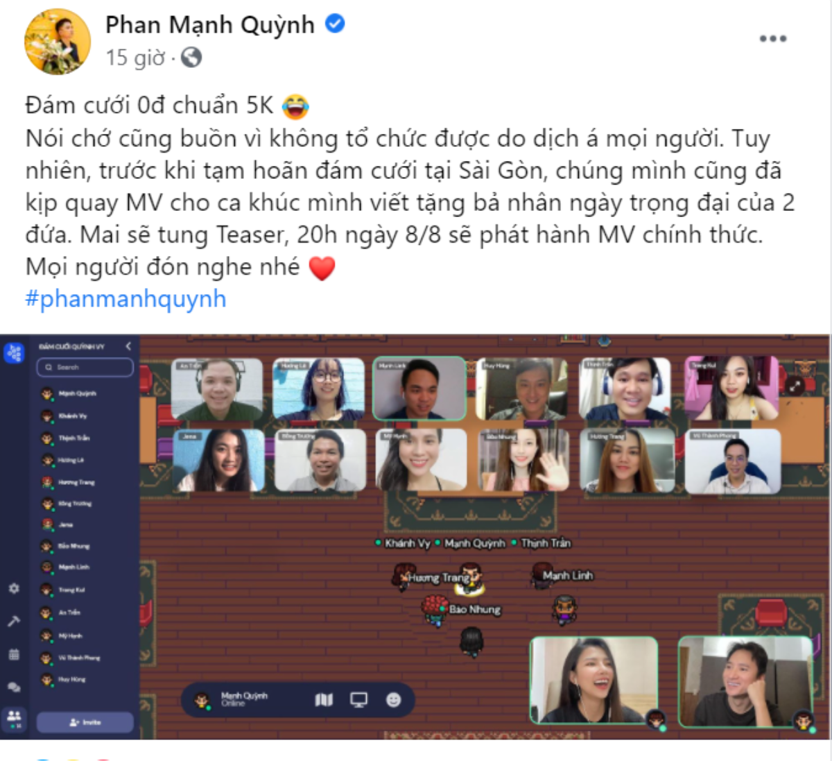 Phan Mạnh Quỳnh bất ngờ tổ chức 'lễ cưới online' giữa mùa dịch: 'Đám cưới 0 đồng chuẩn 5K' Ảnh 2