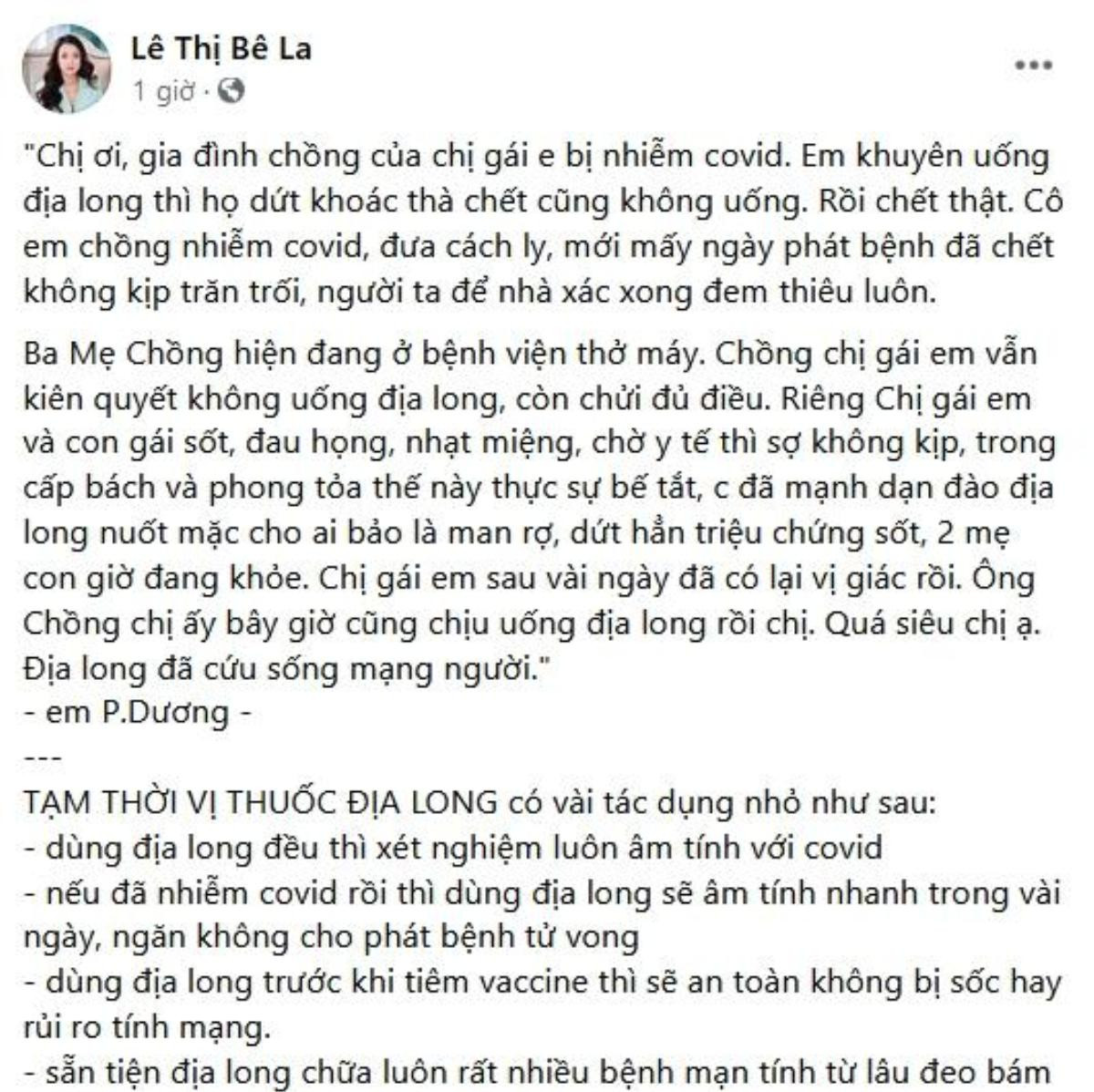 Diễn viên Lê Bê La bị chỉ trích gay gắt khi chia sẻ cách phòng ngừa Covid-19 bằng... 'địa long' Ảnh 2