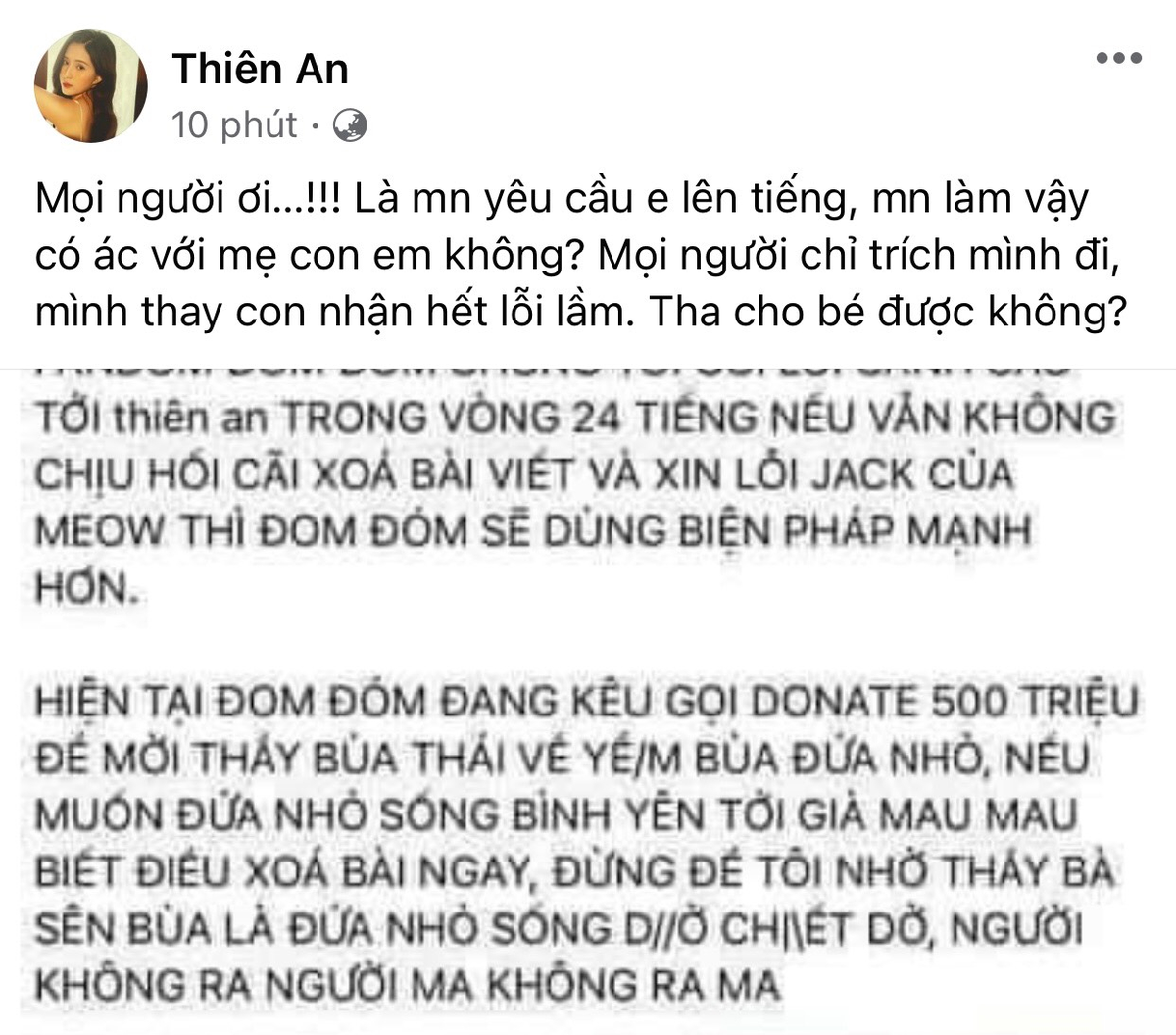 Thiên An cầu cứu cộng đồng mạng vì con gái bị trù ẻo: 'Mình thay con nhận hết lỗi lầm' Ảnh 2