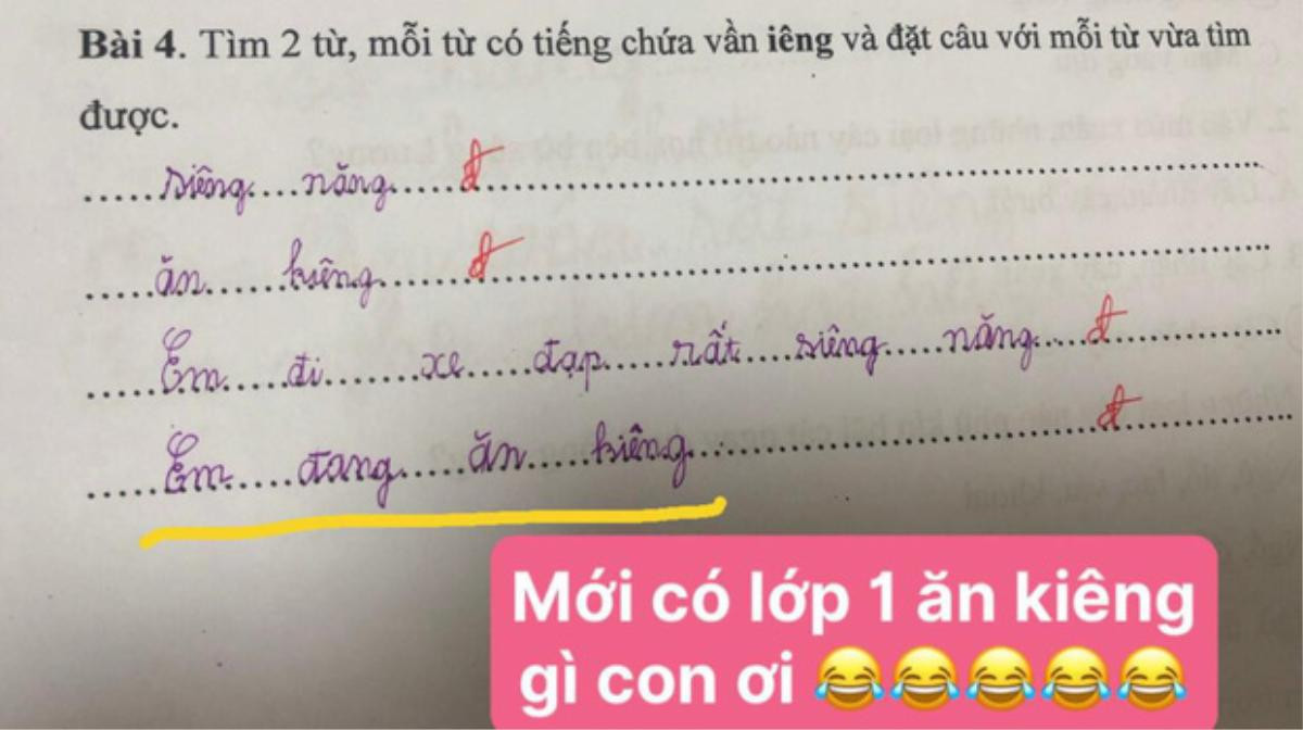 Đặt câu có chứa vần 'iêng', học sinh tiểu học đưa ra đáp án khiến cô giáo 'cười ra nước mắt' Ảnh 1