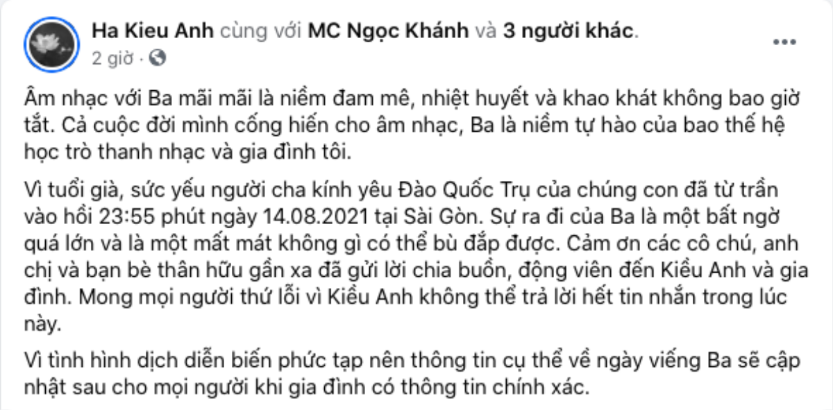 NSƯT Quốc Trụ - bố Hoa hậu Hà Kiều Anh qua đời, nhiều nghệ sĩ Việt xót xa chia buồn Ảnh 1