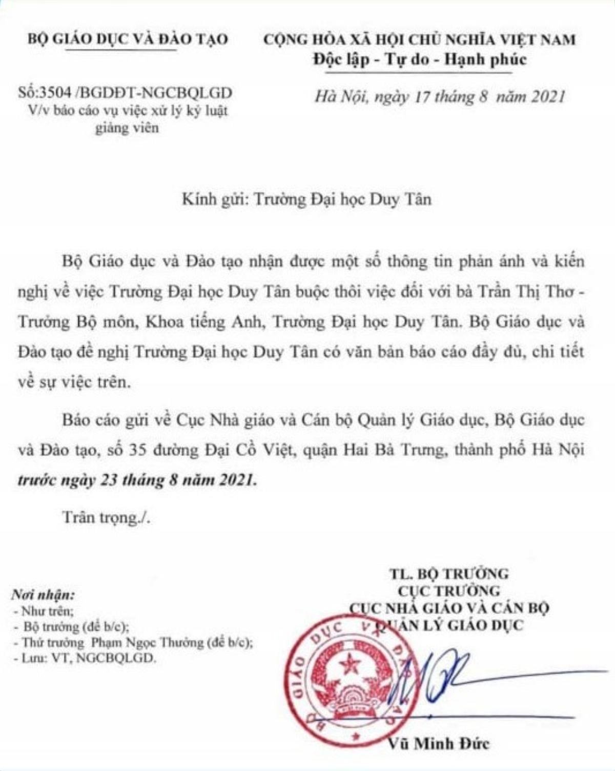 Bộ GD&ĐT đề nghị ĐH Duy Tân báo cáo chi tiết vụ sa thải giảng viên có phát ngôn sai lệch Ảnh 1