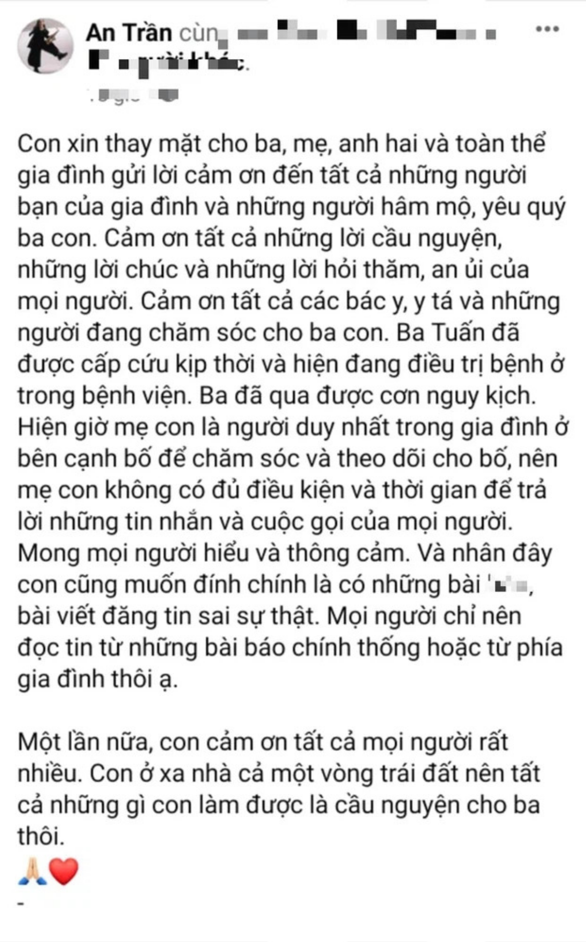 Con gái NS saxophone Trần Mạnh Tuấn đính chính thông tin sai lệch về tình hình sức khỏe của ba Ảnh 3