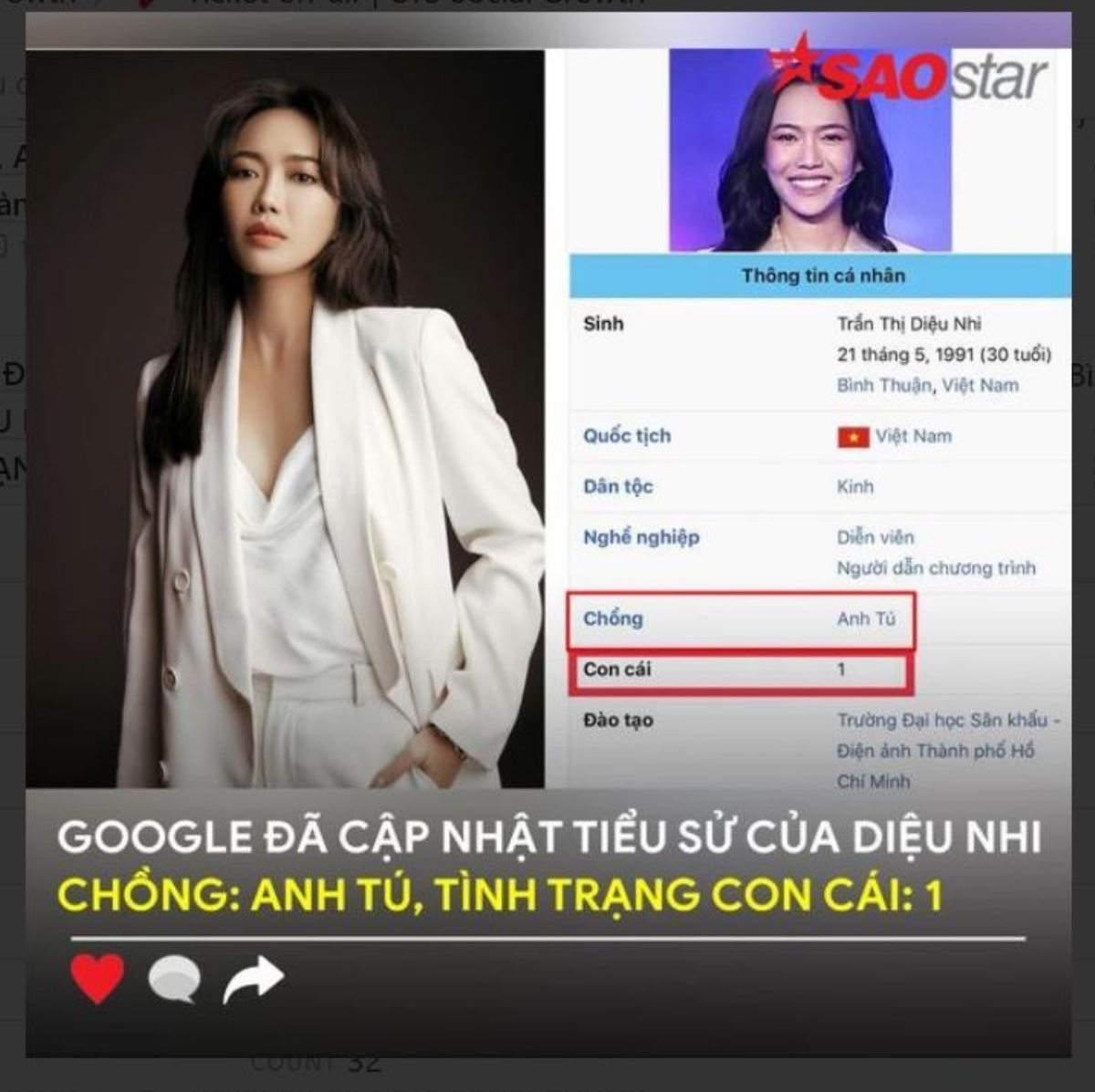 Google bất ngờ cập nhật tiểu sử của Diệu Nhi: Đã có chồng và một đứa con Ảnh 1