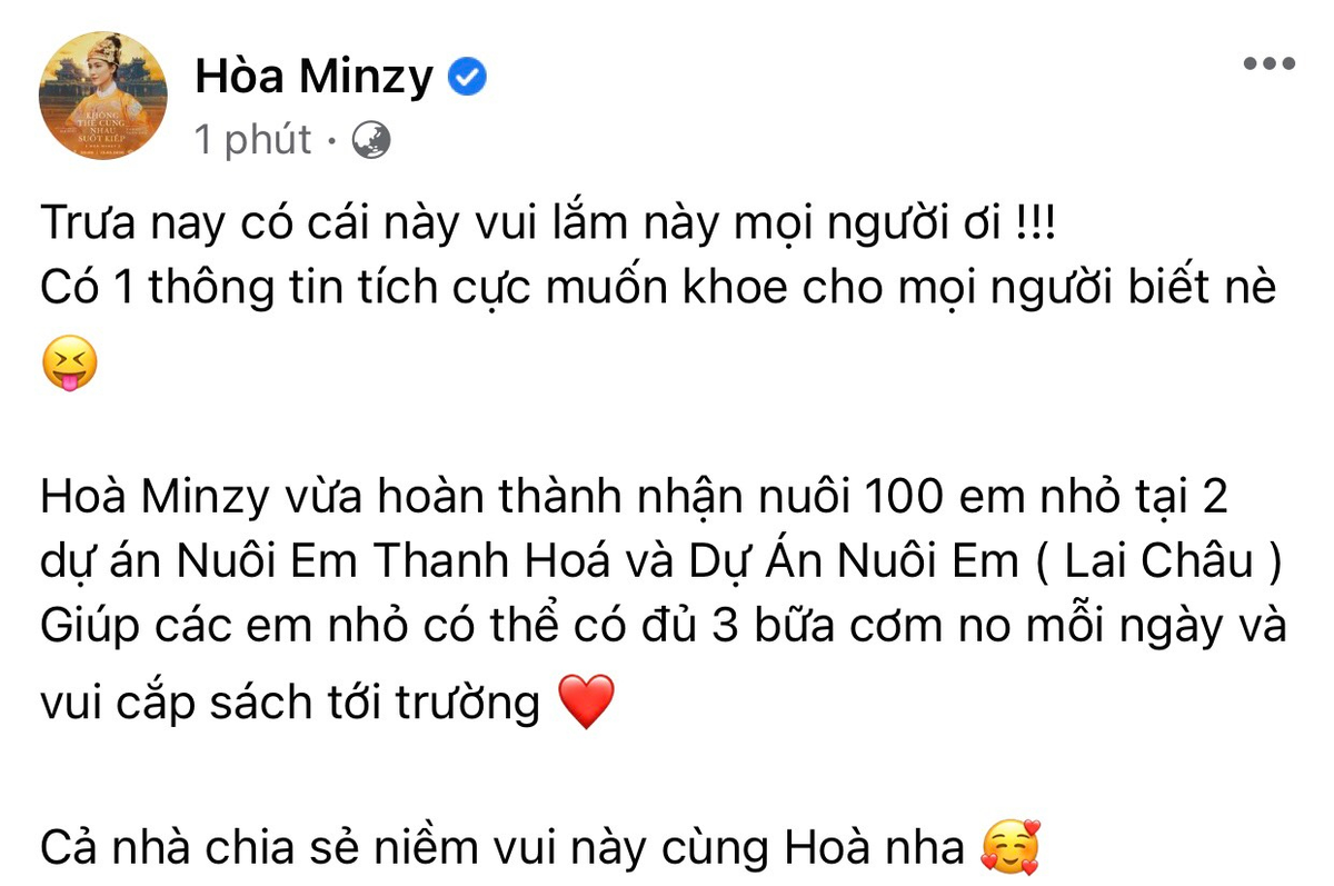 Nhận nuôi 100 trẻ em, Hòa Minzy không giấu sự vui mừng khi báo tin giữa mùa dịch Ảnh 2