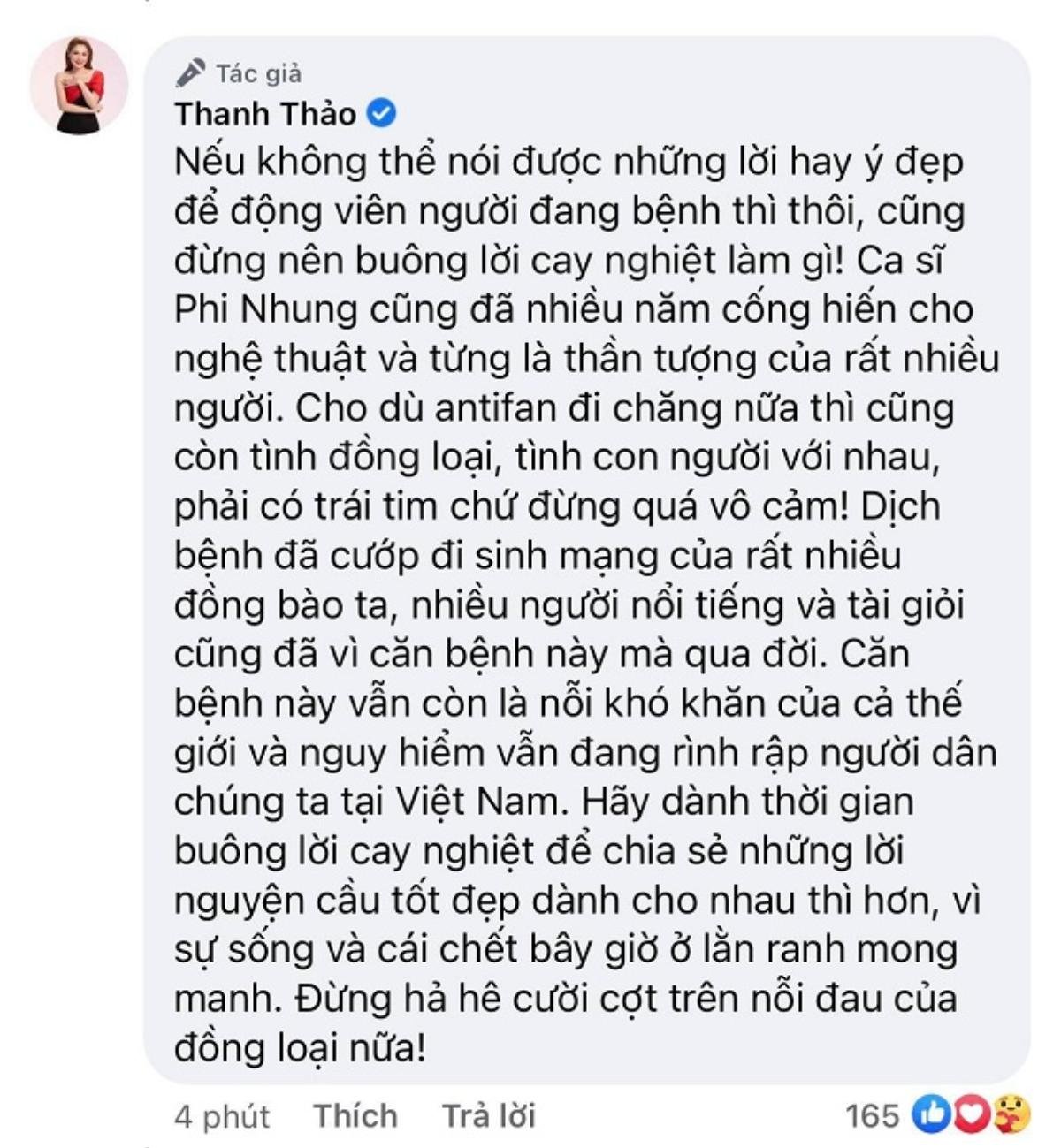 Thanh Thảo 'dằn mặt' anti-fan mỉa mai giữa lúc Phi Nhung bị Covid-19: Đừng hả hê, cười cợt Ảnh 3