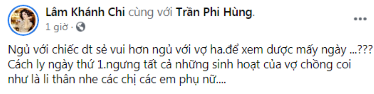 Cách li ông xã, Lâm Khánh Chi tuyên bố 'ngưng tất cả sinh hoạt vợ chồng coi như li thân' Ảnh 2