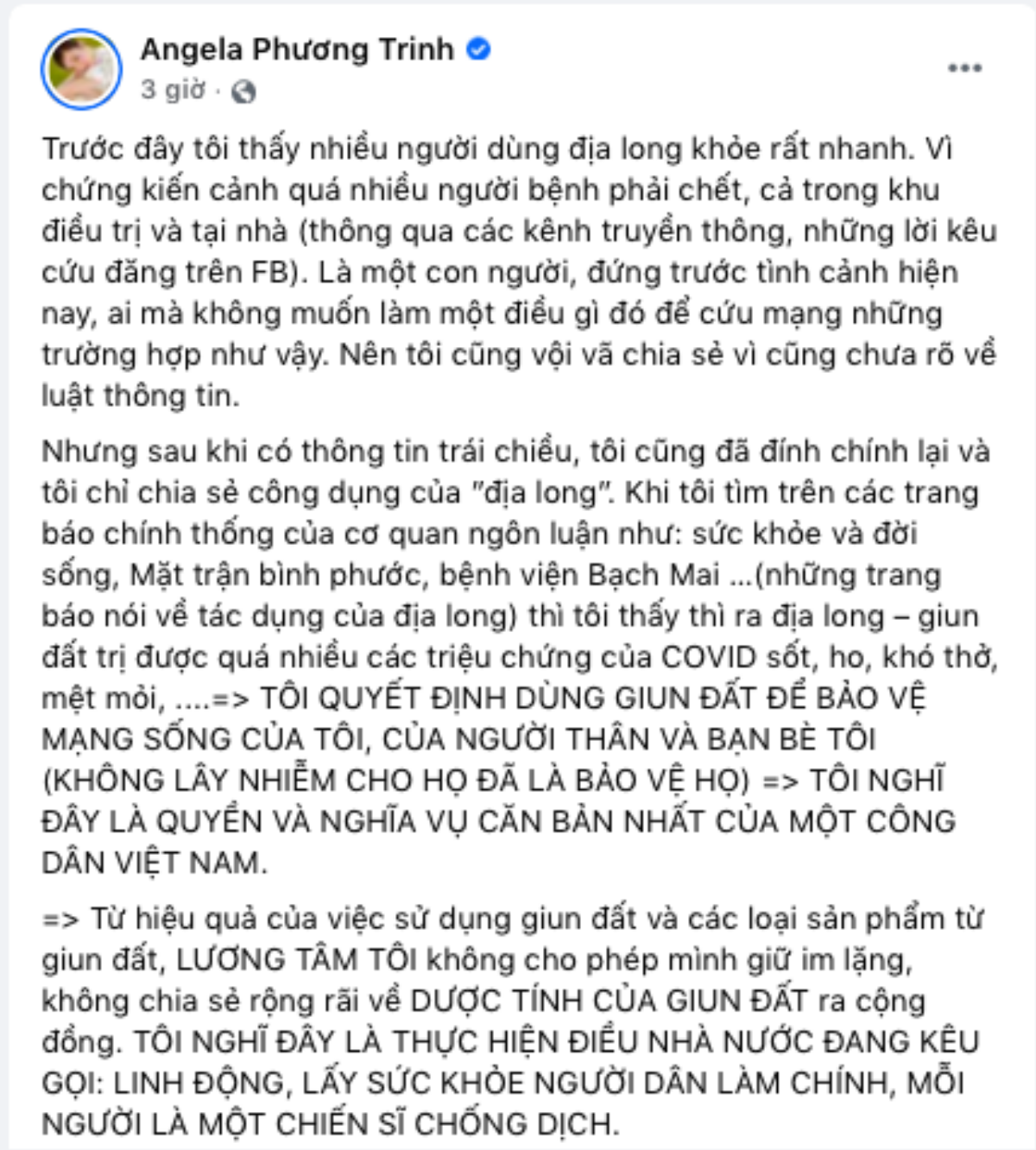 Angela Phương Trinh nhận sai, xóa hết các bài đăng 'địa long chữa COVID-19' Ảnh 2